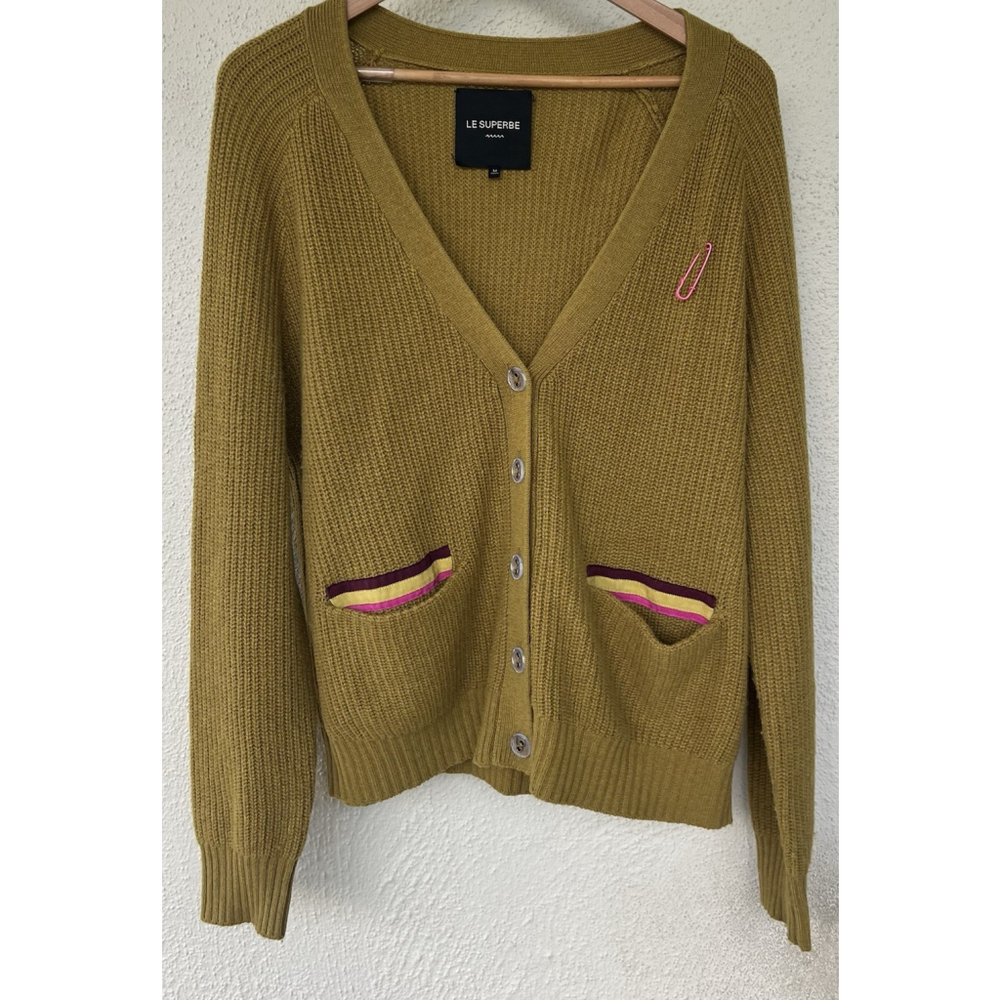 Le Superbe Mustard V-Neck Ribbed Cardigan Sweater Wool Cashmere Women’s Medium